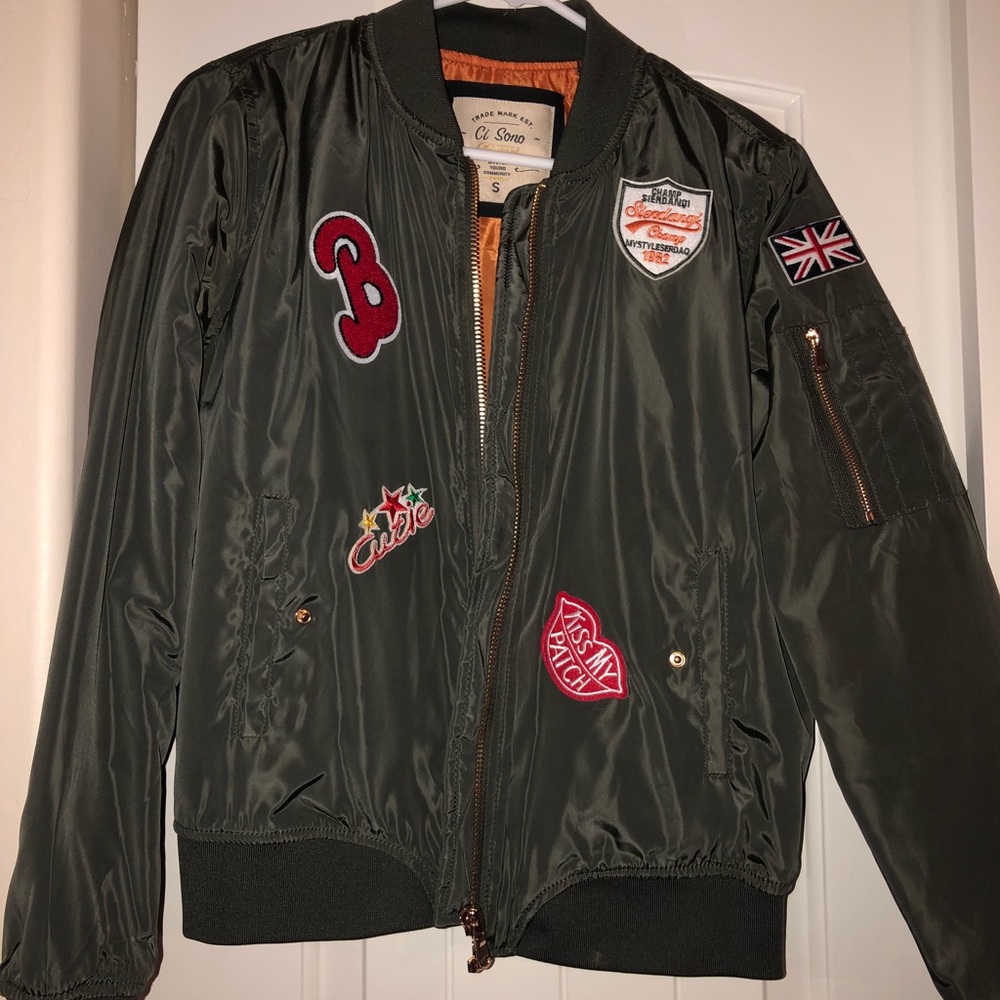Army green bomber jacket with patches